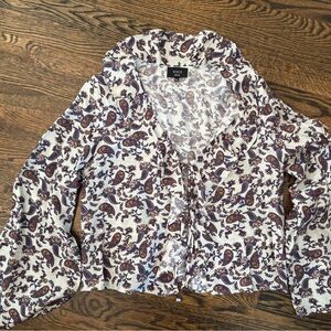 Vici White Paisley Tie-Front Top with Navy & Brown Accents